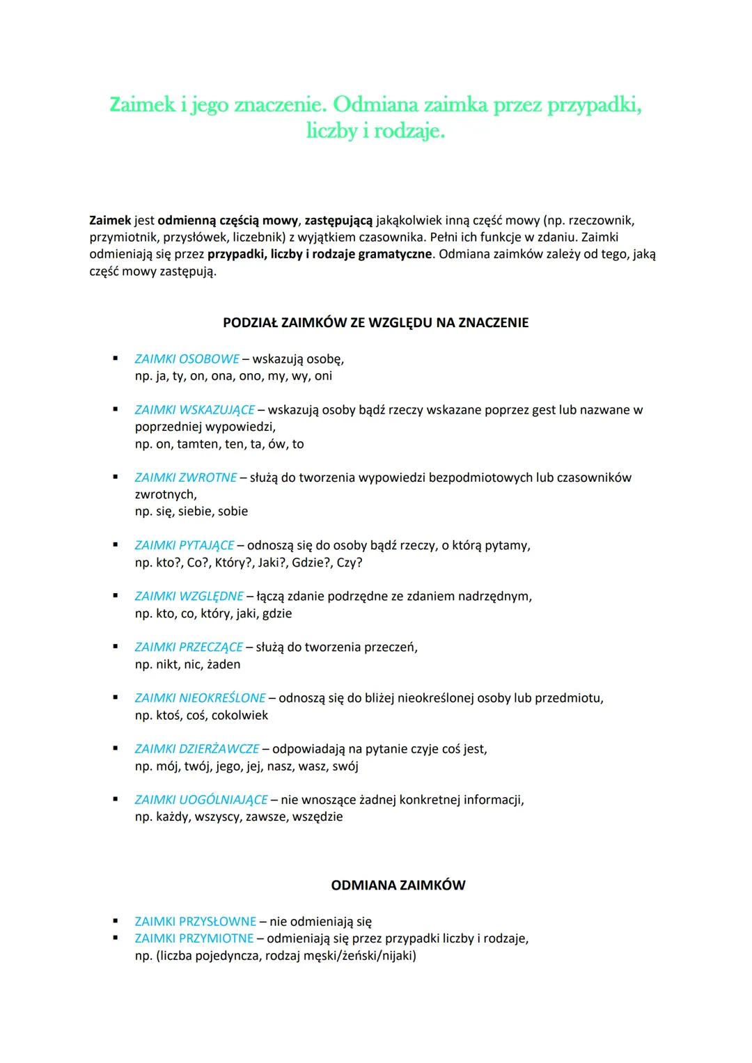 # Zaimek i jego znaczenie. Odmiana zaimka przez przypadki,
lizby i rodzaje.

Zaimek jest odmienną częścią mowy, zastępującą jakąkolwiek inną