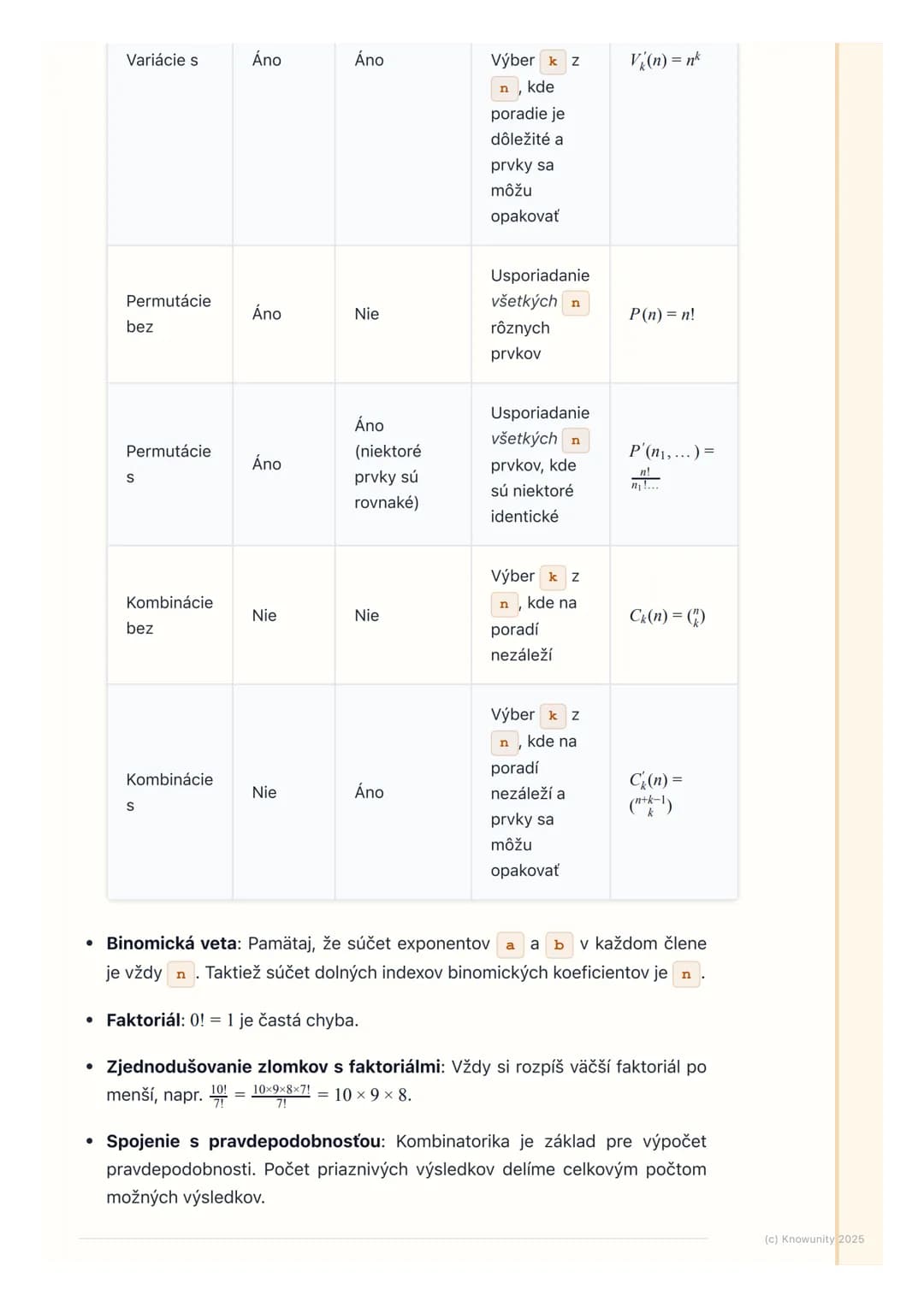 # Kombinatorika

## 1. Úvod do kombinatoriky

Kombinatorika je dôležitá časť matematiky, ktorá sa zaoberá počítaním rôznych
možností usporia