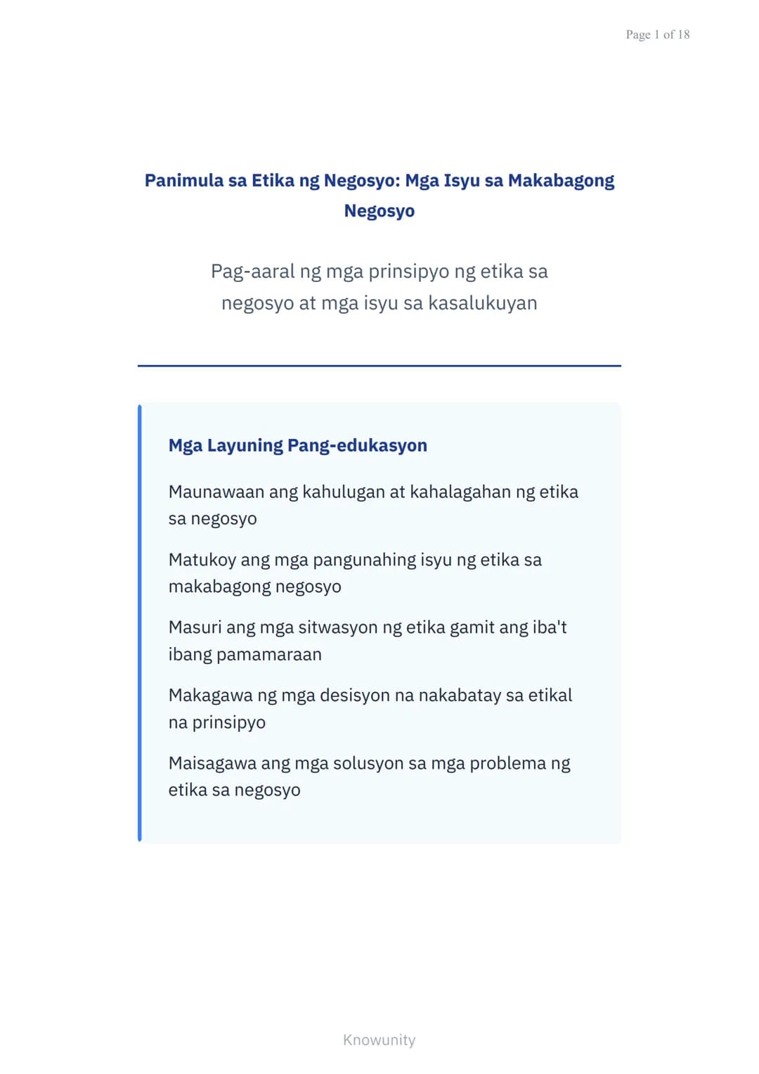 Panimula sa Etika ng Negosyo: Mga Isyu sa Makabagong
Negosyo
Pag-aaral ng mga prinsipyo ng etika sa
negosyo at mga isyu sa kasalukuyan
Mga L