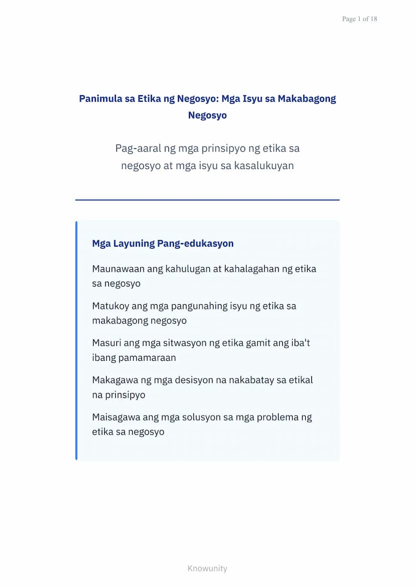 Panimula sa Etika ng Negosyo: Mga Isyu sa Makabagong
Negosyo
Pag-aaral ng mga prinsipyo ng etika sa
negosyo at mga isyu sa kasalukuyan
Mga L