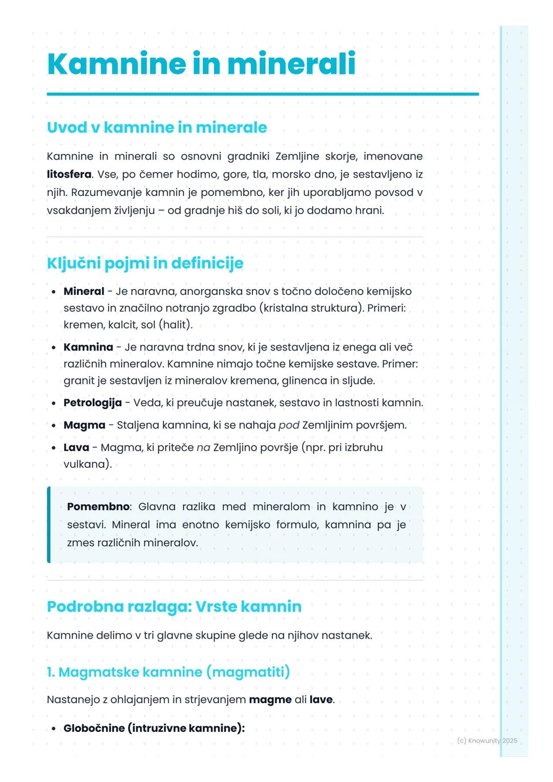 # Kamnine in minerali

Uvod v kamnine in minerale

Kamnine in minerali so osnovni gradniki Zemljine skorje, imenovane
litosfera. Vse, po čem