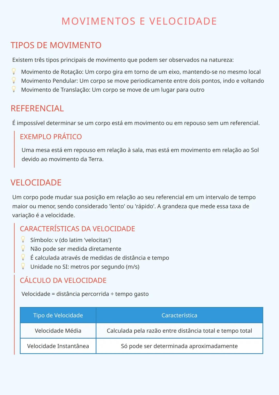 # MOVIMENTOS E VELOCIDADE

## TIPOS DE MOVIMENTO

Existem três tipos principais de movimento que podem ser observados na natureza:

✔ Movime