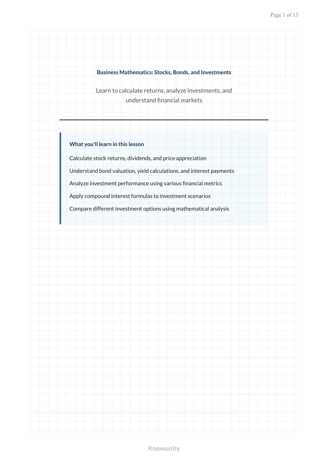 # Business Mathematics: Stocks, Bonds, and Investments

Learn to calculate returns, analyze investments, and understand financial markets

#