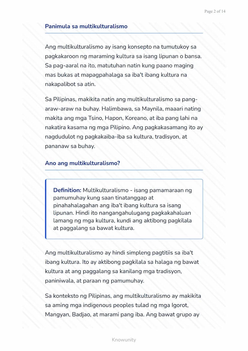 Pagkilala sa Kulturang Pilipino at Pandaigdig:
Multikulturalismo
Pag-unawa sa multikulturalismo at
pagpapahalaga sa pagkakaiba-iba
Mga Layun