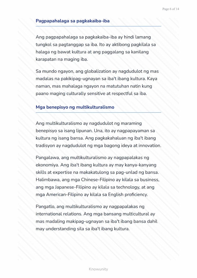 Pagkilala sa Kulturang Pilipino at Pandaigdig:
Multikulturalismo
Pag-unawa sa multikulturalismo at
pagpapahalaga sa pagkakaiba-iba
Mga Layun