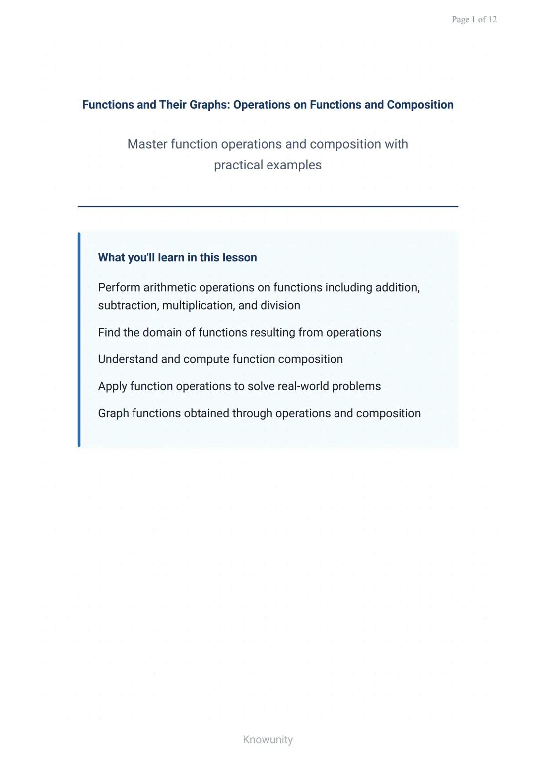 Functions and Their Graphs: Operations on Functions and Composition
Master function operations and composition with
practical examples
What 