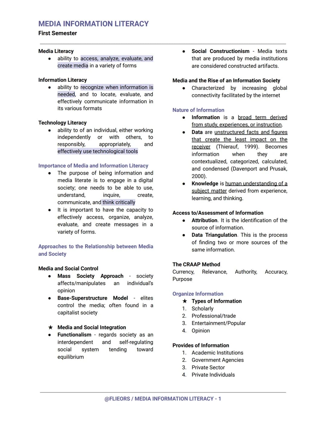 MEDIA INFORMATION LITERACY
First Semester
Media Literacy
- ability to access, analyze, evaluate, and
create media in a variety of forms
Info