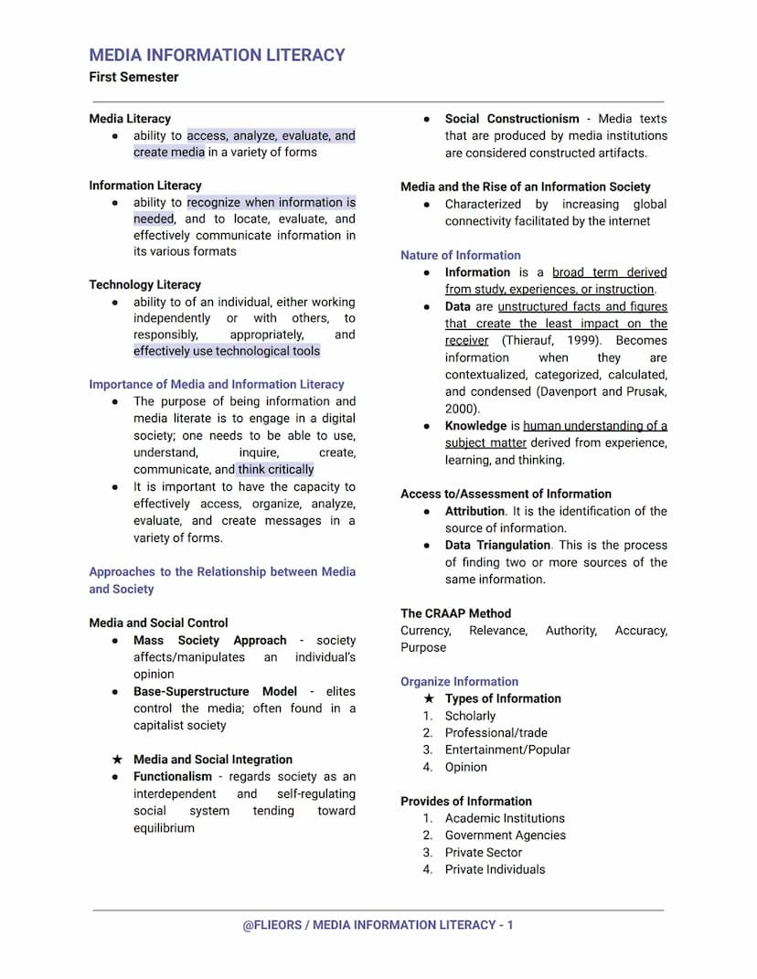 MEDIA INFORMATION LITERACY
First Semester
Media Literacy
- ability to access, analyze, evaluate, and
create media in a variety of forms
Info
