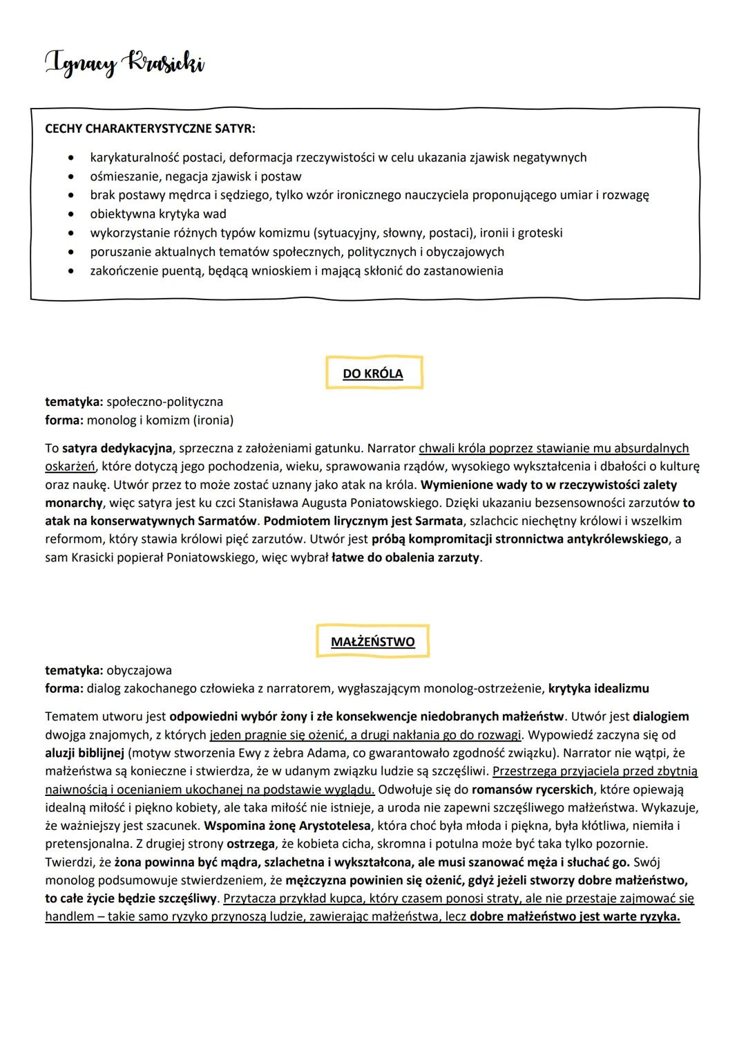 # Ignacy Krasicki

CECHY CHARAKTERYSTYCZNE SATYR:

- karykaturalność postaci, deformacja rzeczywistości w celu ukazania zjawisk negatywnych
