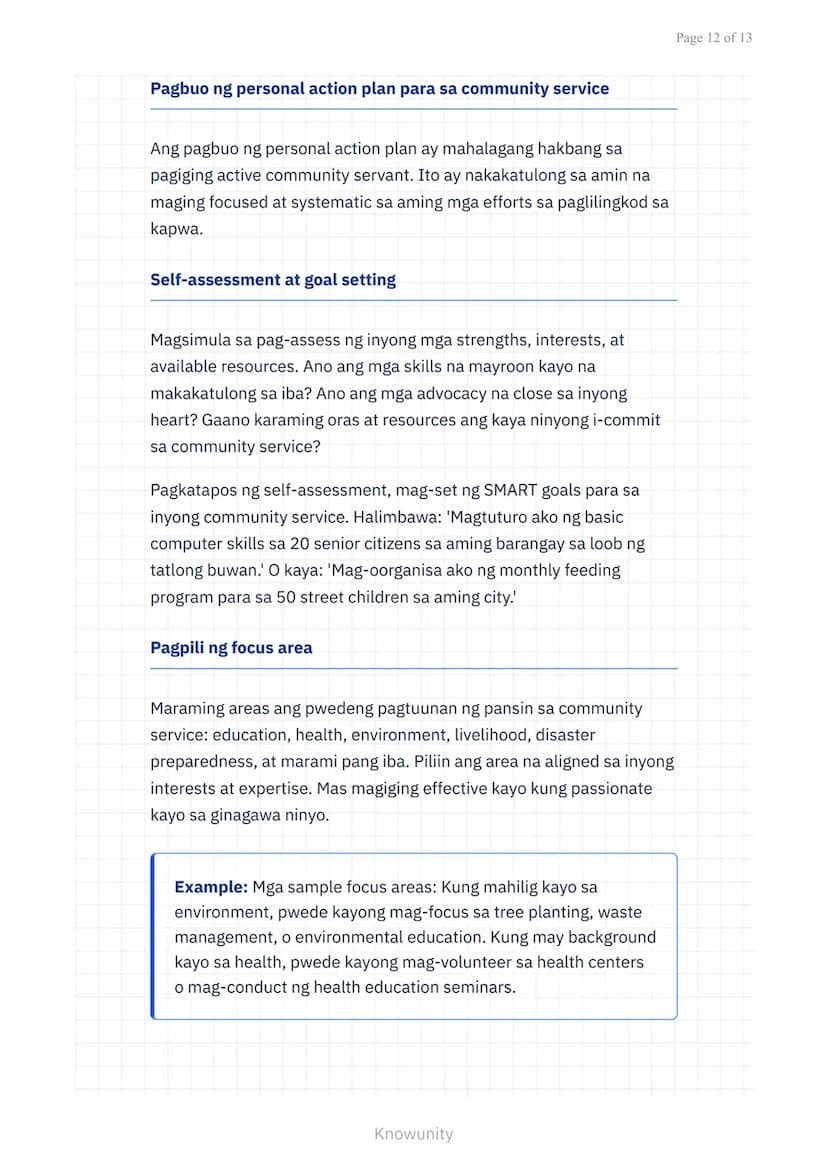 Pagpapalalim sa Pagkilala sa Sarili at Pakikipagkapwa sa
Komunidad
Pag-unawa sa pagtulong sa kapwa at paglilingkod
sa komunidad
Mga Layuning