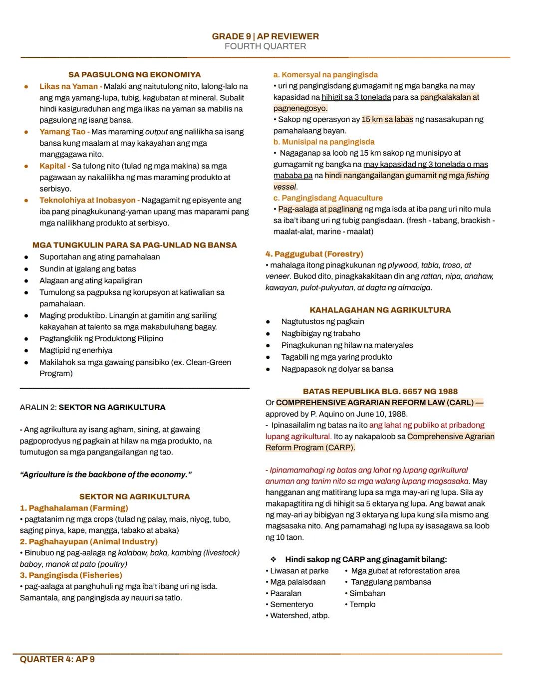 ARALIN 1: KONSEPTO AT PALATANDAAN NG
PAMBANSANG KAUNLARAN
MGA SEKTOR NG EKONOMIYA
Paglilingkod
Industriya
Impormal
na Sektor
GRADE 9 AP REVI