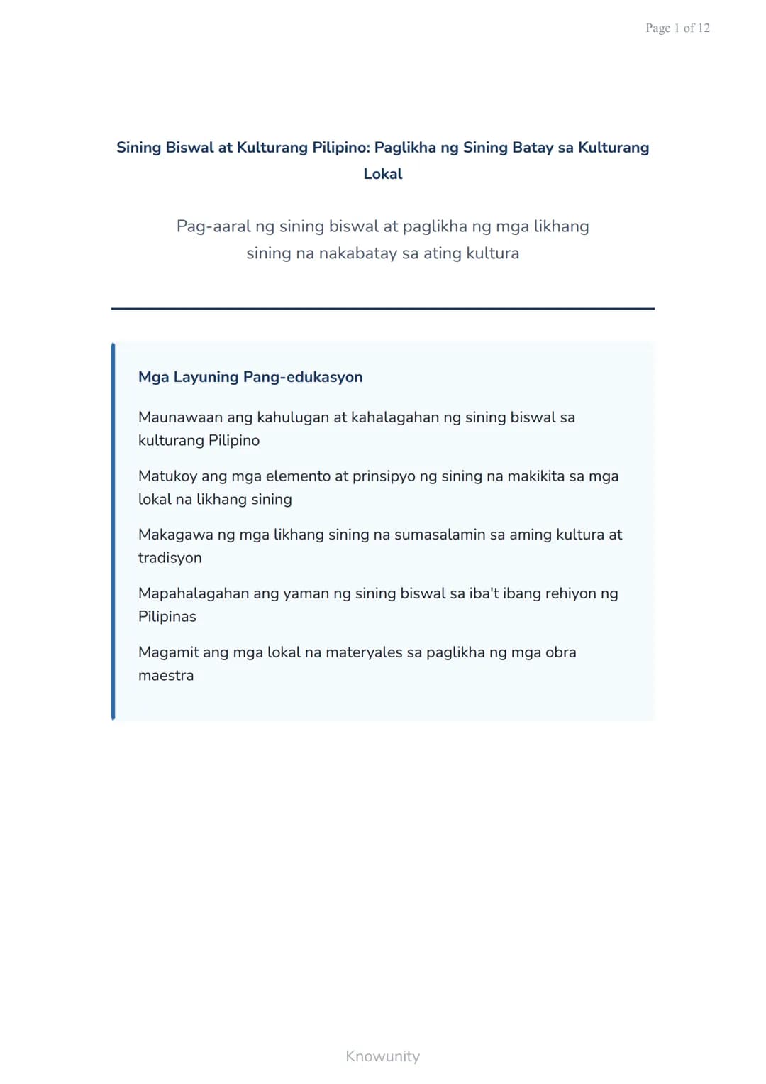 Page 1 of 12
Sining Biswal at Kulturang Pilipino: Paglikha ng Sining Batay sa Kulturang
Lokal
Pag-aaral ng sining biswal at paglikha ng mga 