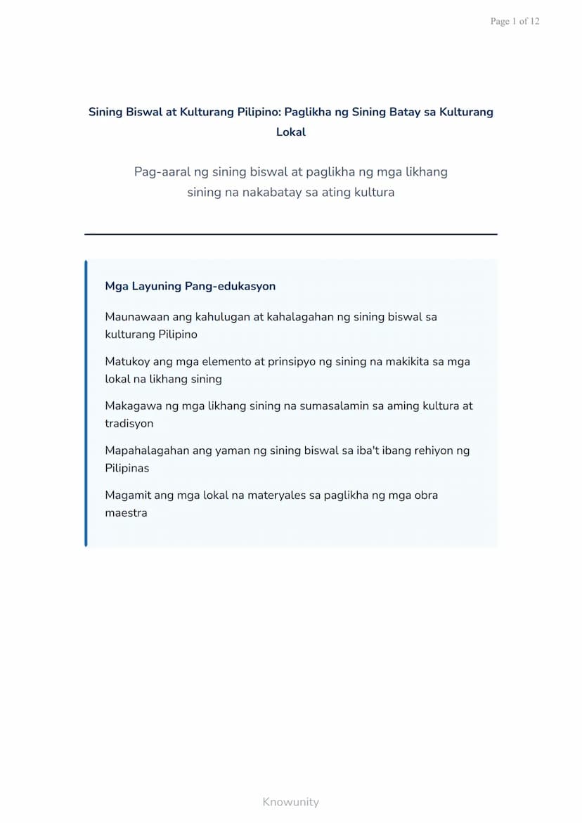 Page 1 of 12
Sining Biswal at Kulturang Pilipino: Paglikha ng Sining Batay sa Kulturang
Lokal
Pag-aaral ng sining biswal at paglikha ng mga 
