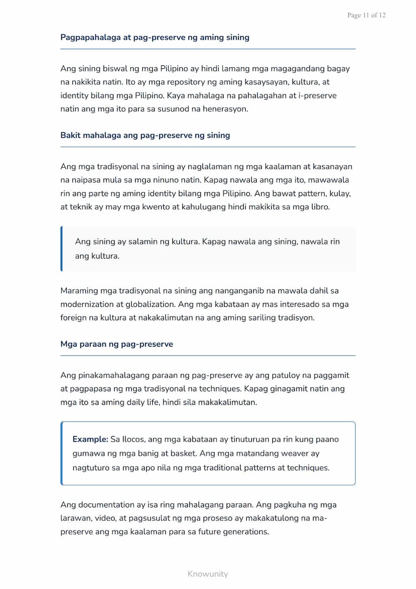 Page 1 of 12
Sining Biswal at Kulturang Pilipino: Paglikha ng Sining Batay sa Kulturang
Lokal
Pag-aaral ng sining biswal at paglikha ng mga 