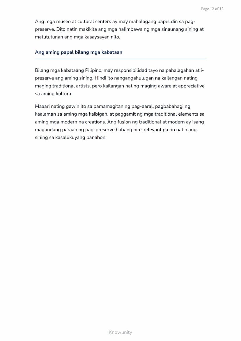 Page 1 of 12
Sining Biswal at Kulturang Pilipino: Paglikha ng Sining Batay sa Kulturang
Lokal
Pag-aaral ng sining biswal at paglikha ng mga 