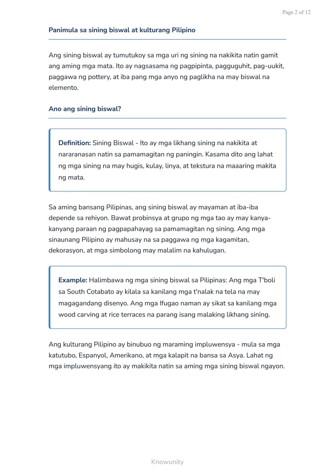 Page 1 of 12
Sining Biswal at Kulturang Pilipino: Paglikha ng Sining Batay sa Kulturang
Lokal
Pag-aaral ng sining biswal at paglikha ng mga 