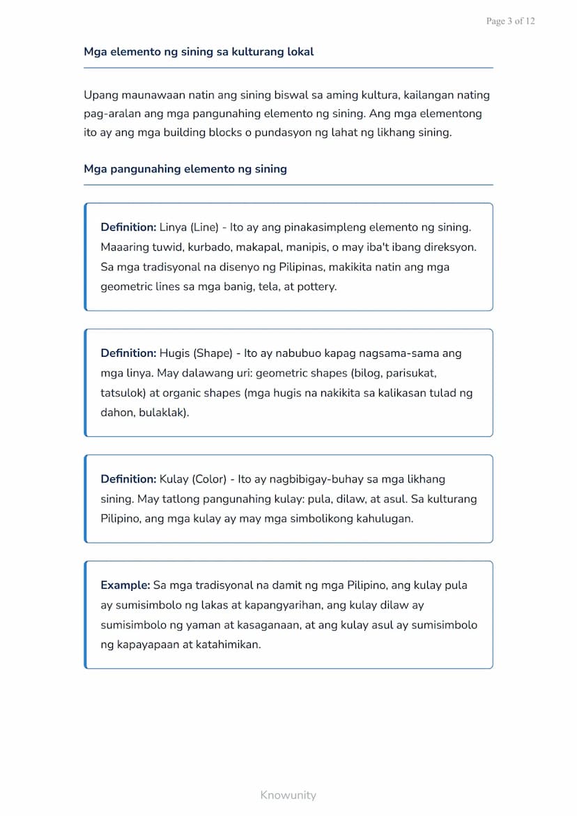 Page 1 of 12
Sining Biswal at Kulturang Pilipino: Paglikha ng Sining Batay sa Kulturang
Lokal
Pag-aaral ng sining biswal at paglikha ng mga 