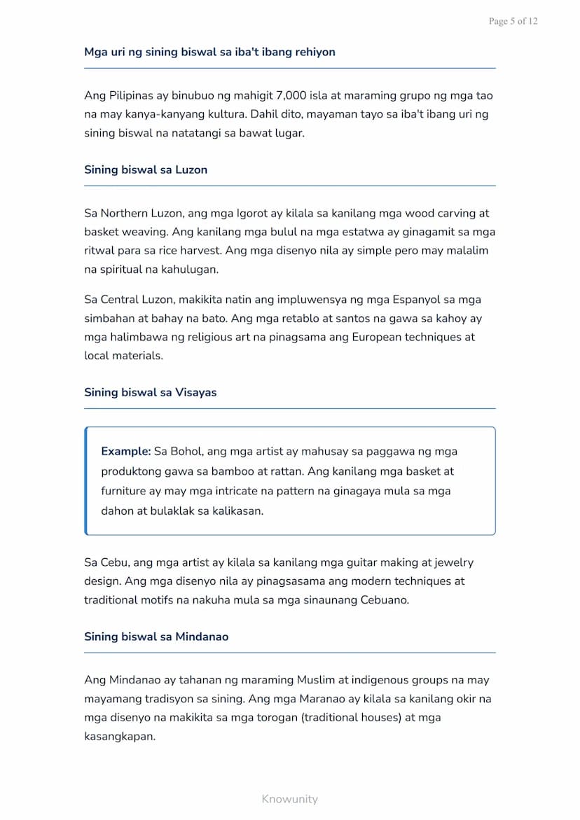 Page 1 of 12
Sining Biswal at Kulturang Pilipino: Paglikha ng Sining Batay sa Kulturang
Lokal
Pag-aaral ng sining biswal at paglikha ng mga 