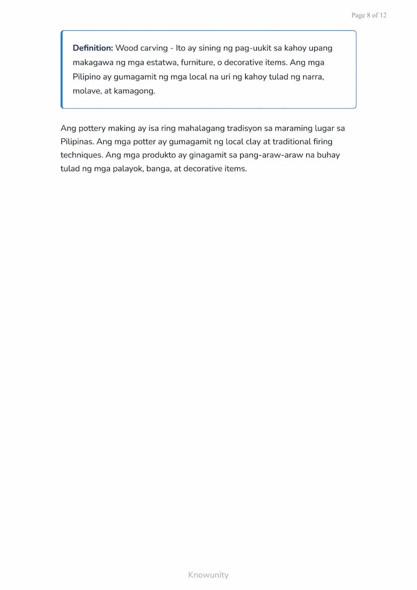 Page 1 of 12
Sining Biswal at Kulturang Pilipino: Paglikha ng Sining Batay sa Kulturang
Lokal
Pag-aaral ng sining biswal at paglikha ng mga 