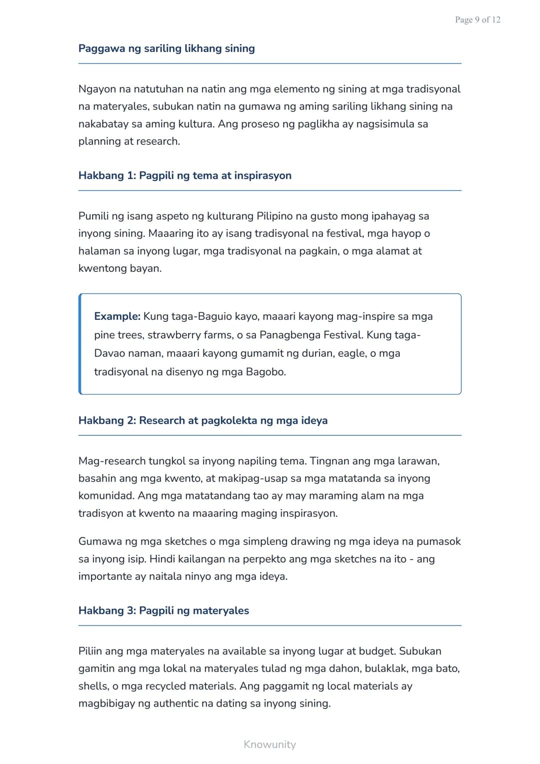 Page 1 of 12
Sining Biswal at Kulturang Pilipino: Paglikha ng Sining Batay sa Kulturang
Lokal
Pag-aaral ng sining biswal at paglikha ng mga 