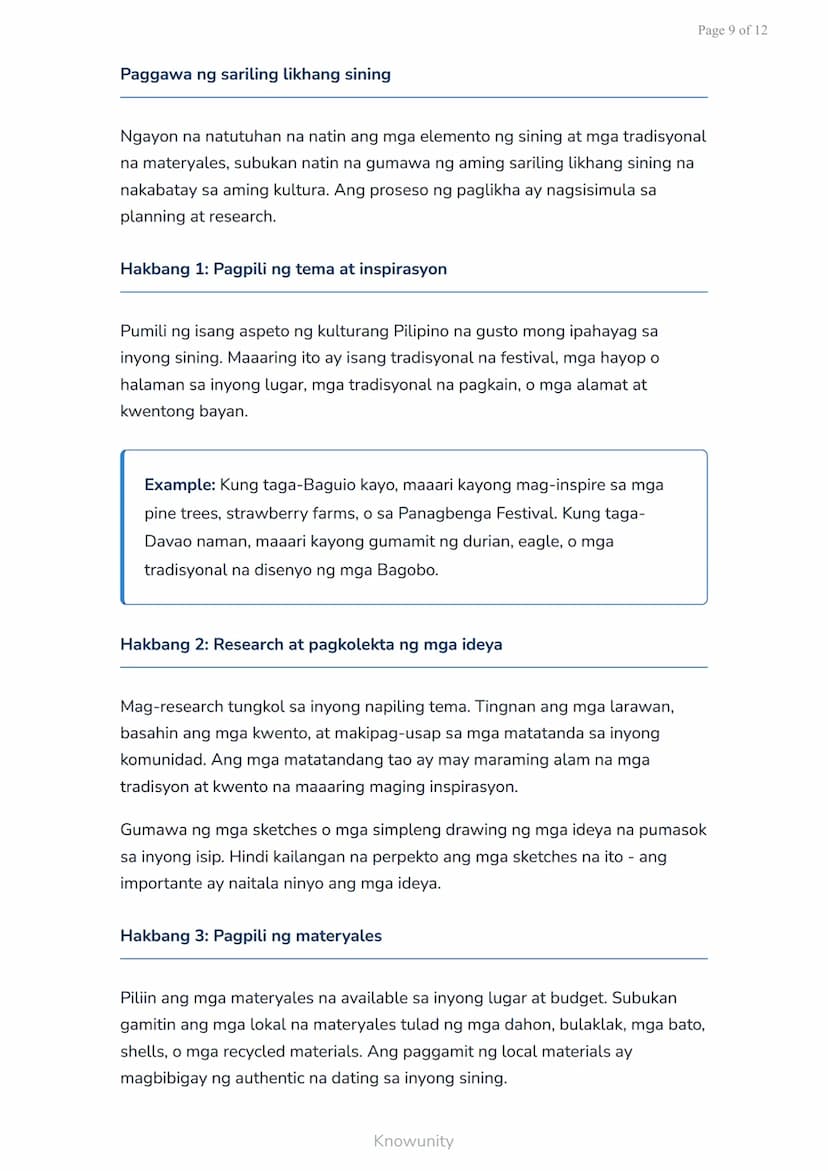 Page 1 of 12
Sining Biswal at Kulturang Pilipino: Paglikha ng Sining Batay sa Kulturang
Lokal
Pag-aaral ng sining biswal at paglikha ng mga 
