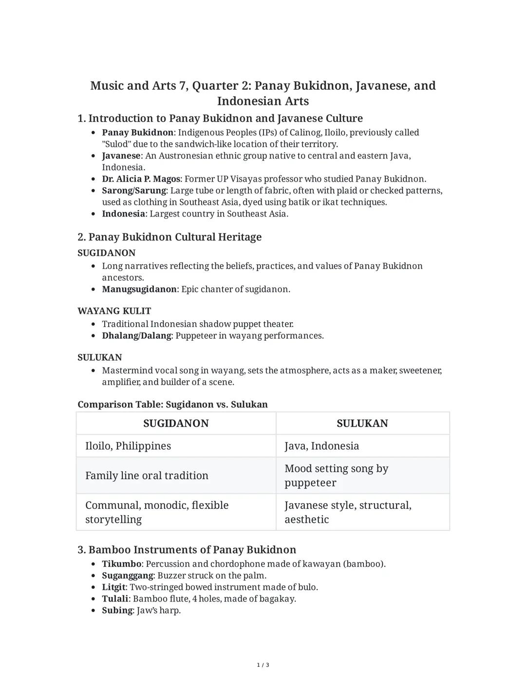 Music and Arts 7, Quarter 2: Panay Bukidnon, Javanese, and
Indonesian Arts
1. Introduction to Panay Bukidnon and Javanese Culture
• Panay Bu