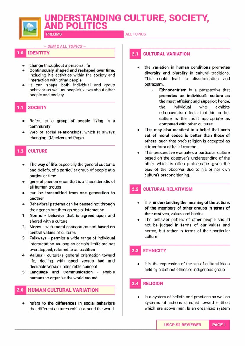 UNDERSTANDING CULTURE, SOCIETY,
AND POLITICS
PRELIMS
- SEM 2 ALL TOPICS -
ALL TOPICS
1.0 IDENTITY
* change throughout a person's life
* Cont
