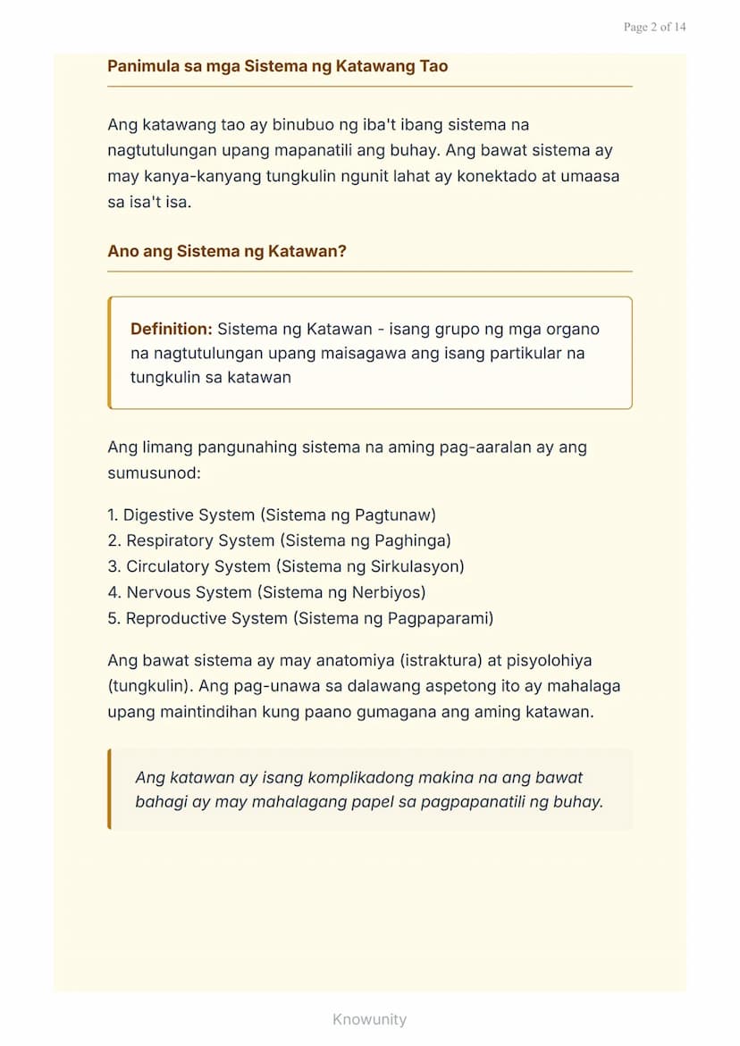 Mga Sistema ng Katawang Tao: Anatomiya, Pisyolohiya, at
Kalusugan
Pag-aaral ng limang pangunahing sistema ng
katawang tao
Mga Layuning Pang-
