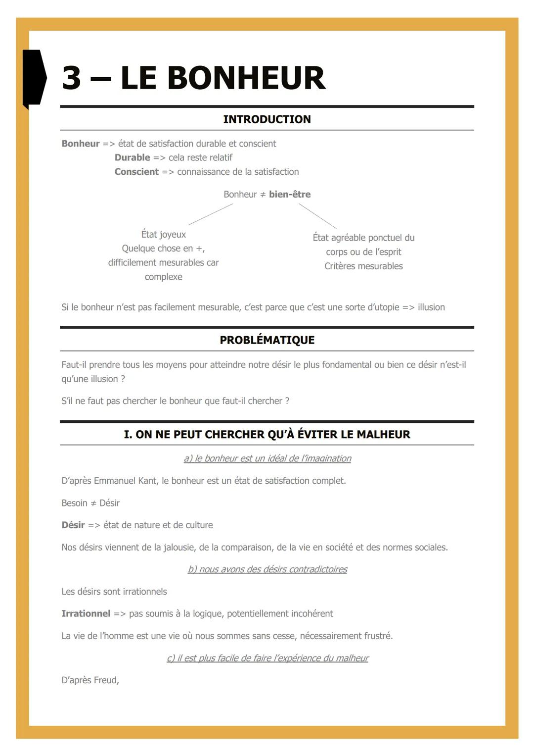 # 3- LE BONHEUR

INTRODUCTION

Bonheur => état de satisfaction durable et conscient
Durable => cela reste relatif
Conscient => connaissance 