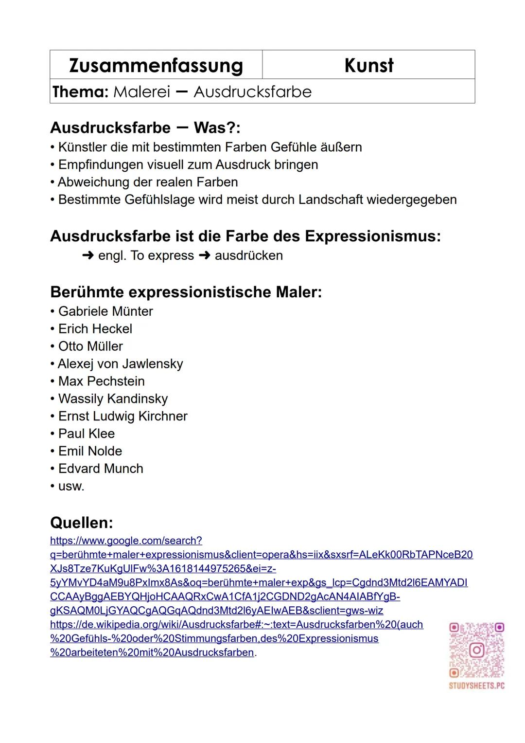 Zusammenfassung
Thema: Malerei - Ausdrucksfarbe
Kunst
Ausdrucksfarbe - Was?:
*   Künstler die mit bestimmten Farben Gefühle äußern
*   Empfi