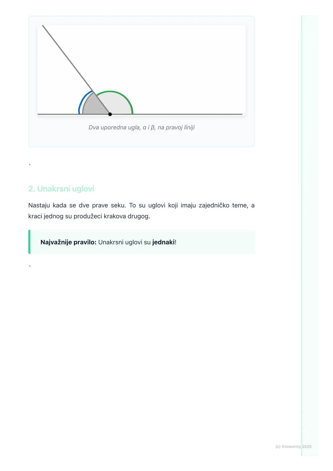 # Ugao

Uvod u uglove

Ugao je deo ravni ograničen sa dve poluprave koje imaju zajedničku početnu
tačku. Te poluprave se zovu kraci ugla, a 