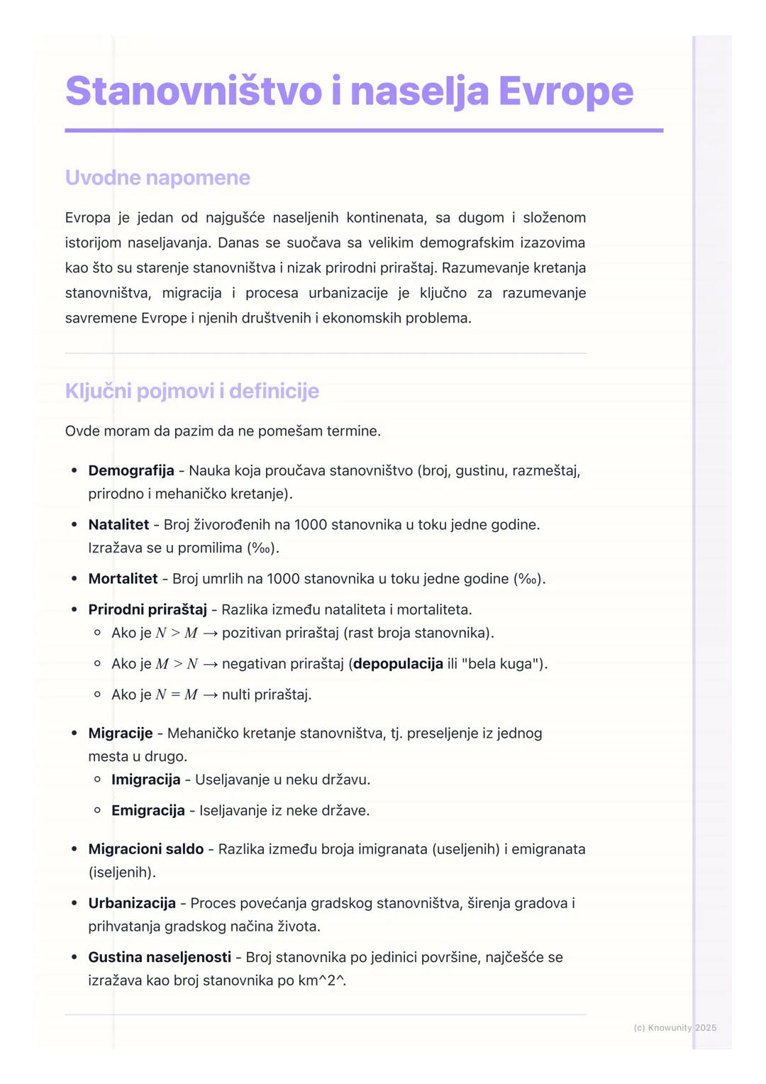 # Stanovništvo i naselja Evrope

Uvodne napomene

Evropa je jedan od najgušće naseljenih kontinenata, sa dugom i složenom
istorijom naseljav