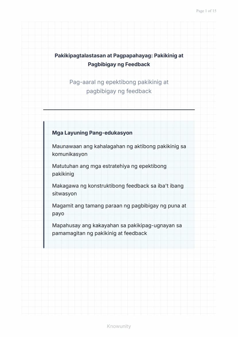Pakikipagtalastasan at Pagpapahayag: Pakikinig at
Pagbibigay ng Feedback
Pag-aaral ng epektibong pakikinig at
pagbibigay ng feedback
Mga Lay