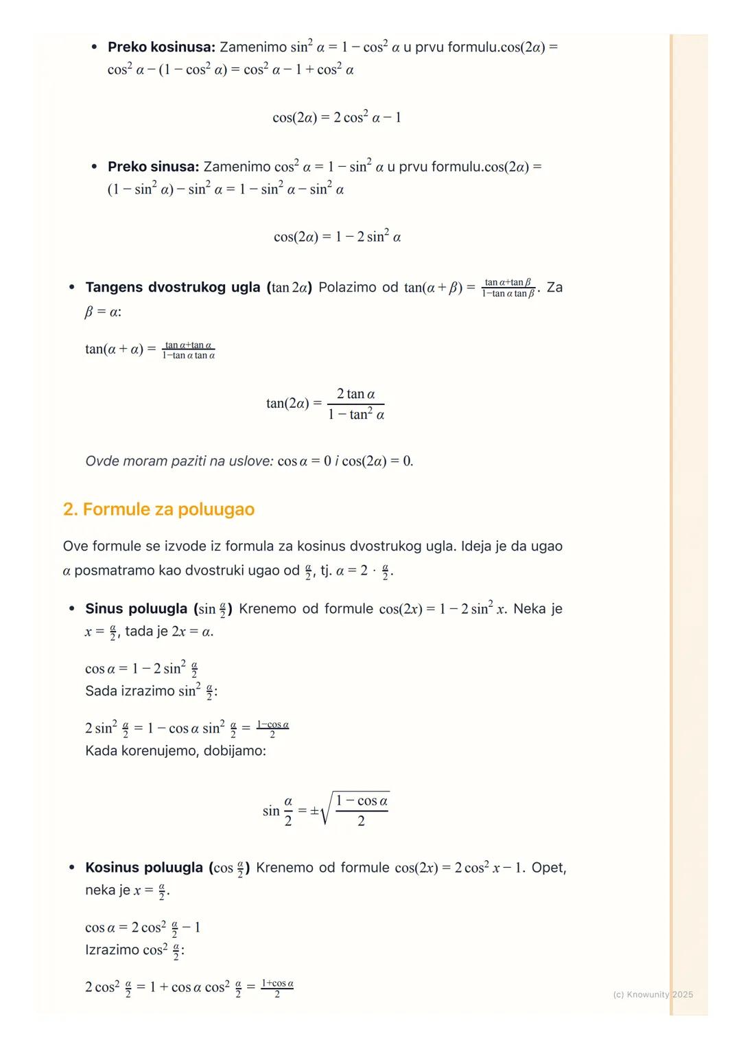 # Formule za dvostruki i
poluugao

Uvod i značaj

Formule za dvostruki i poluugao su izvedene iz adicionih formula. Jako su
važne jer nam om