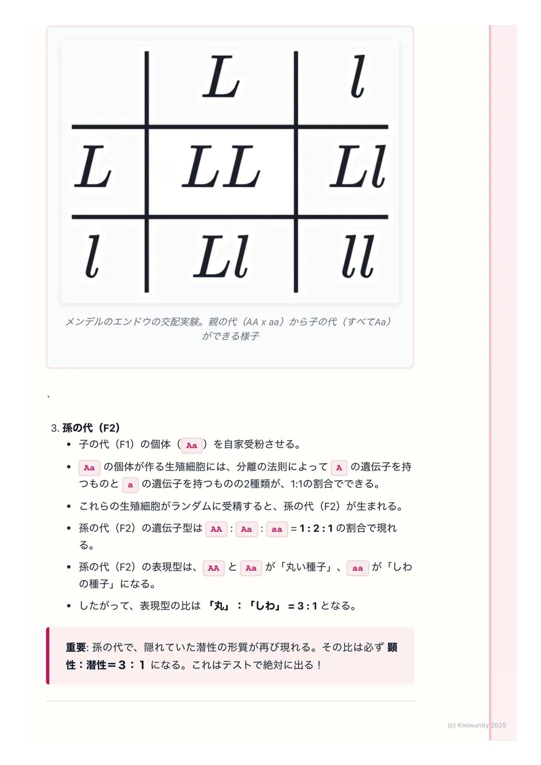 # 遺伝の法則

## 遺伝の法則の概要

親から子へ、姿や形などの特徴(形質)が伝わることを遺伝という。この遺伝
のしくみには、決まった法則があることを発見したのがメンデル。ここでは、
メンデルが行ったエンドウの実験をもとに、遺伝の基本的な法則を理解する。テ
ストで計算問題も出