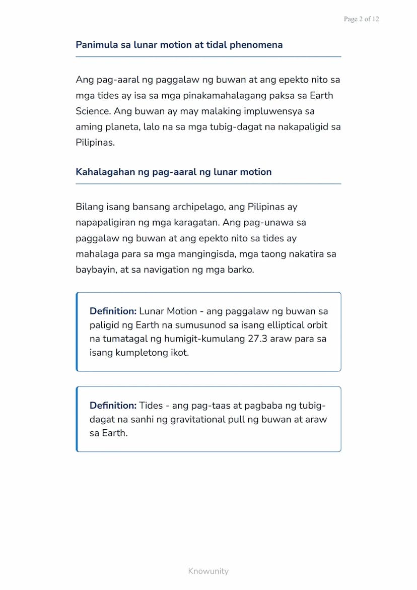Pag-aaral ng Solar System: Paggalaw ng Buwan at
Epekto sa Tides
Pag-unawa sa paggalaw ng buwan at kung
paano ito nakakaapekto sa tides
Mga L