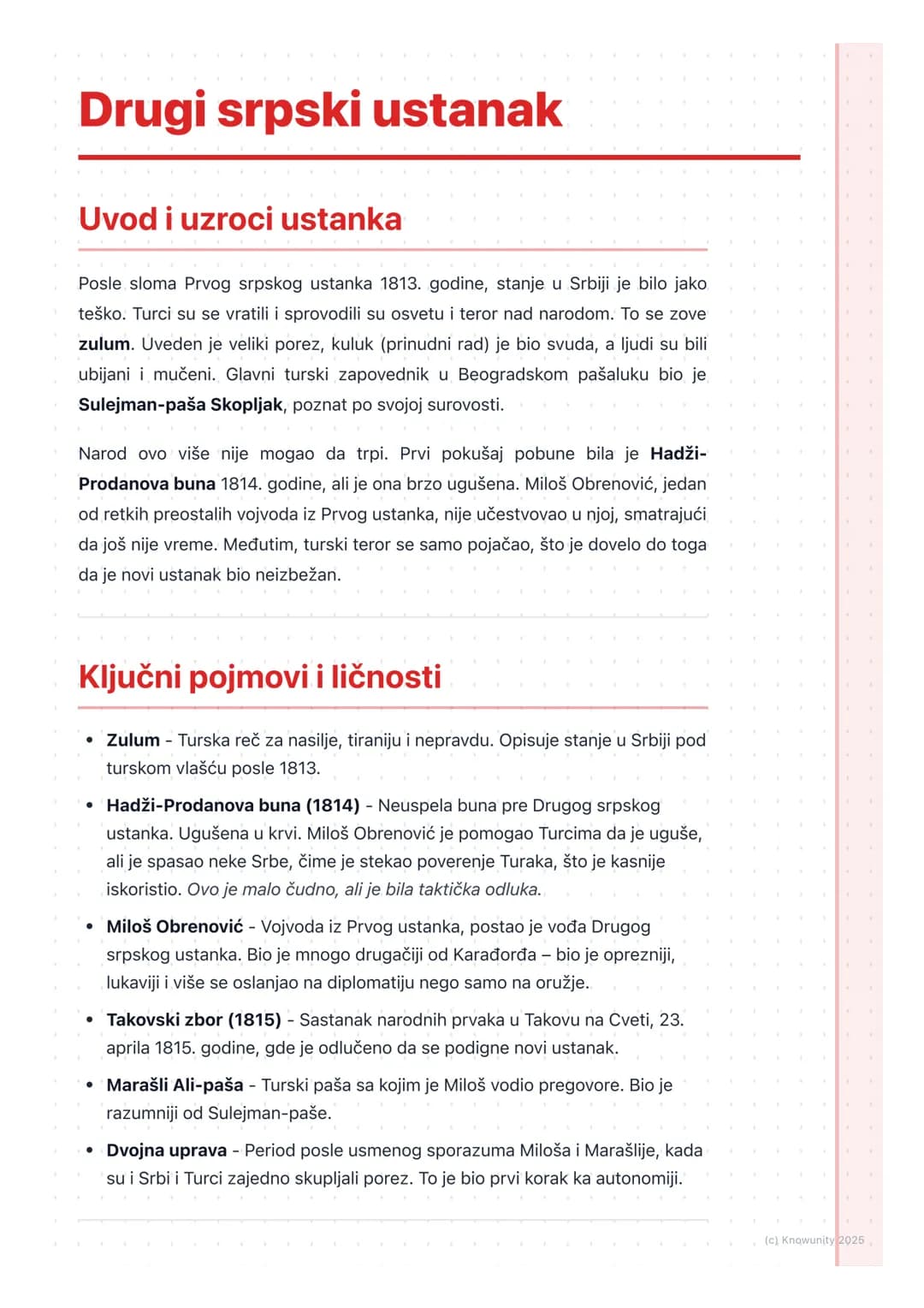 # Drugi srpski ustanak

## Uvod i uzroci ustanka

Posle sloma Prvog srpskog ustanka 1813. godine, stanje u Srbiji je bilo jako
teško. Turci 