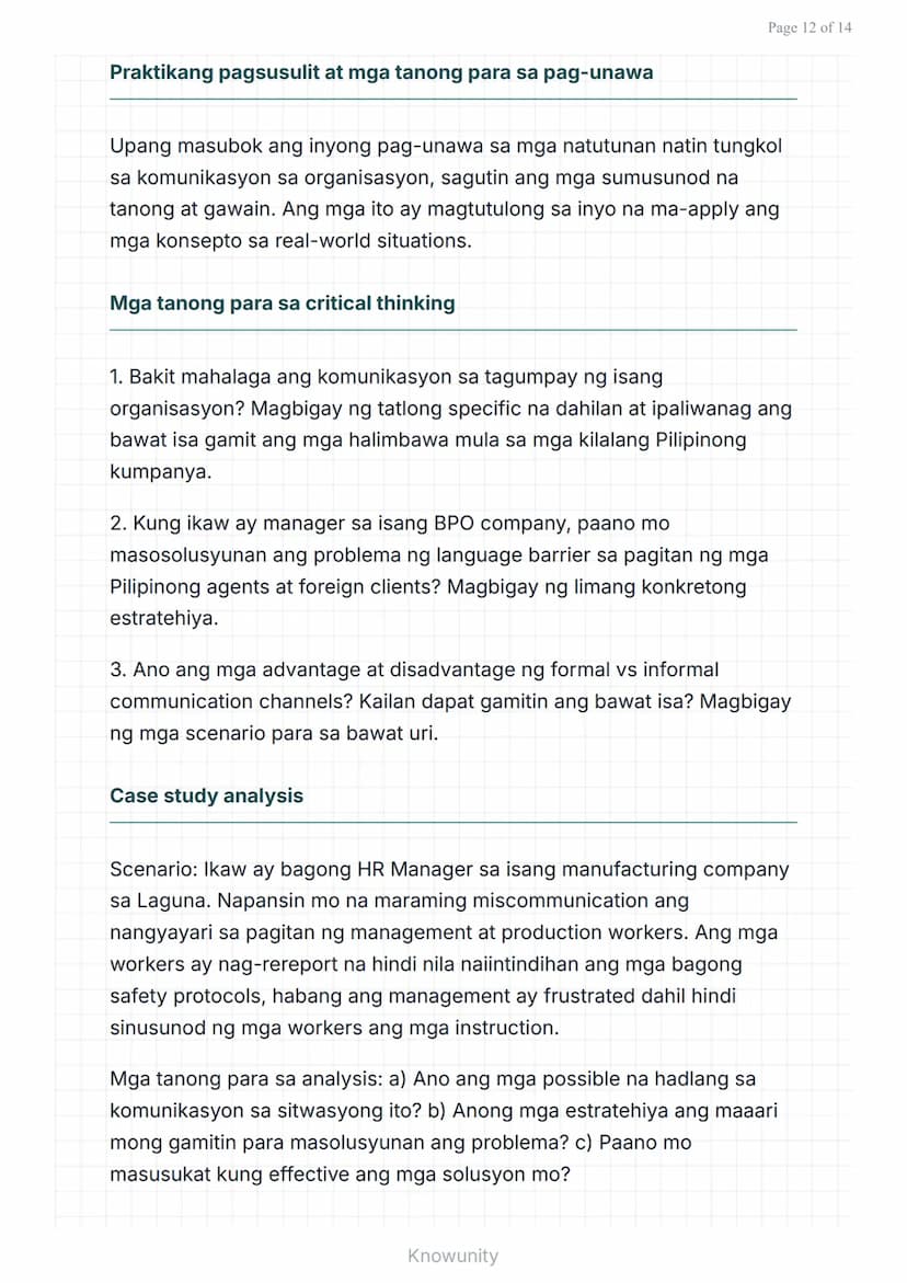 # Istruktura ng Organisasyon at Pamumuno: Komunikasyon sa loob ng Organisasyon

Pag-aaral ng komunikasyon at pakikipag-ugnayan sa organisasy