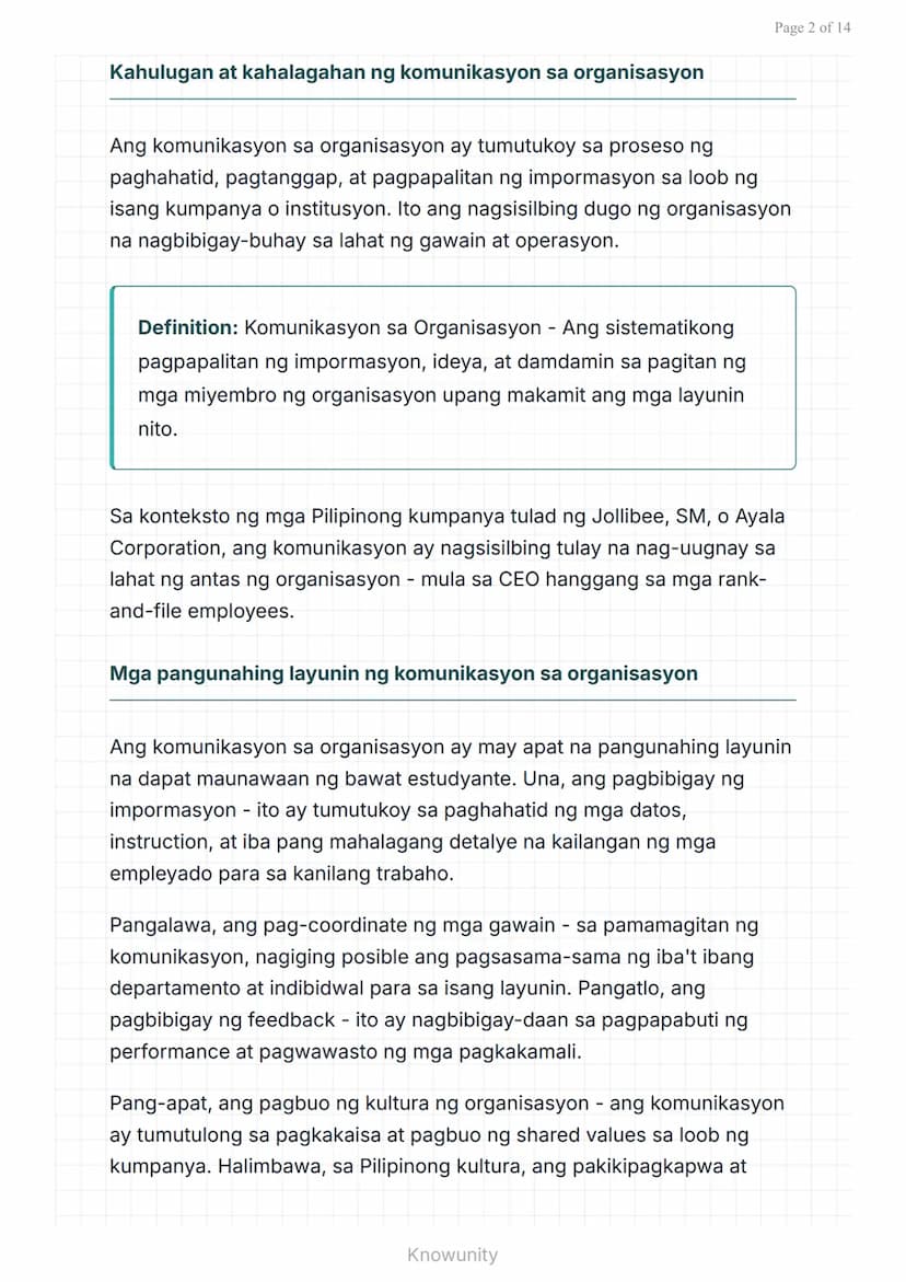 # Istruktura ng Organisasyon at Pamumuno: Komunikasyon sa loob ng Organisasyon

Pag-aaral ng komunikasyon at pakikipag-ugnayan sa organisasy