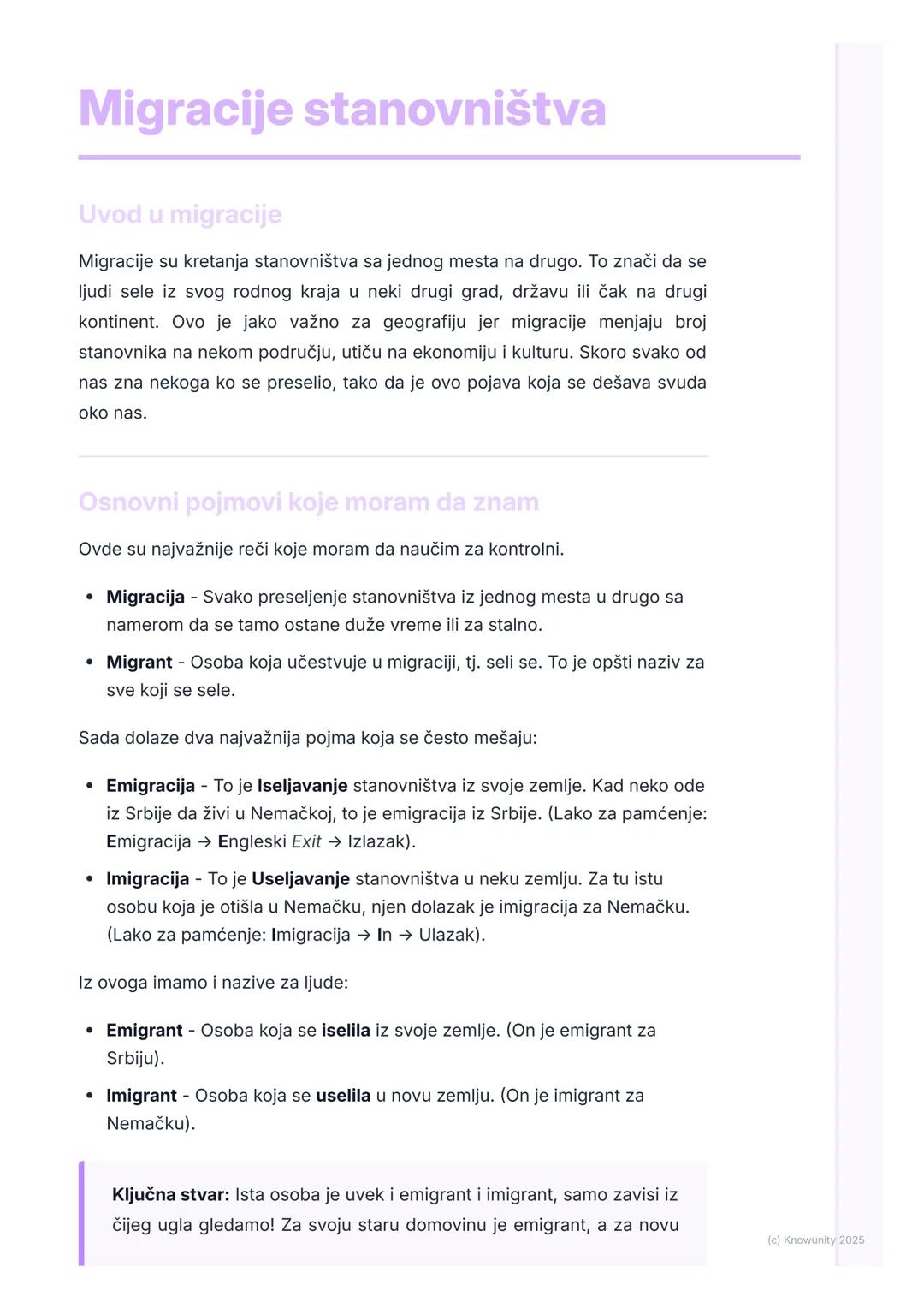 # Migracije stanovništva

Uvod u migracije

Migracije su kretanja stanovništva sa jednog mesta na drugo. To znači da se
ljudi sele iz svog r