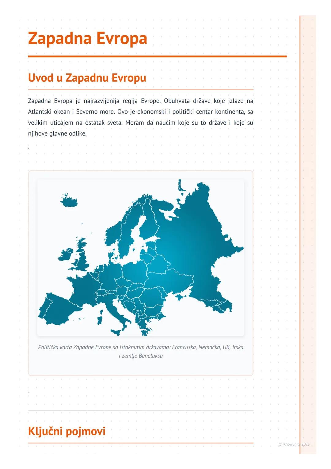 # Zapadna Evropa

Uvod u Zapadnu Evropu

Zapadna Evropa je najrazvijenija regija Evrope. Obuhvata države koje izlaze na
Atlantski okean i Se