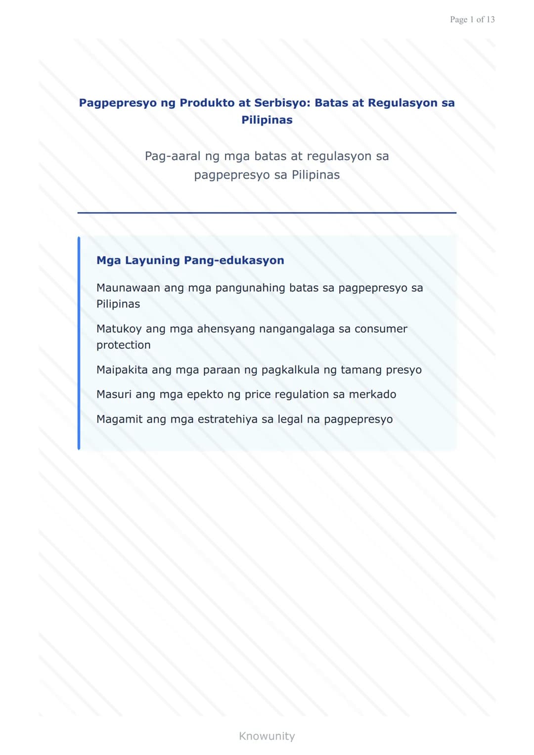 # Pagpepresyo ng Produkto at Serbisyo: Batas at Regulasyon sa Pilipinas

Pag-aaral ng mga batas at regulasyon sa pagpepresyo sa Pilipinas

#