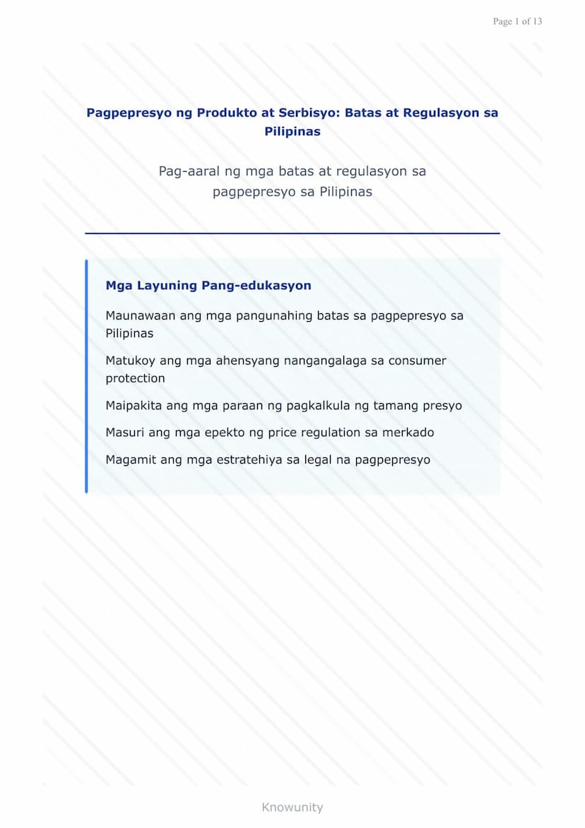 # Pagpepresyo ng Produkto at Serbisyo: Batas at Regulasyon sa Pilipinas

Pag-aaral ng mga batas at regulasyon sa pagpepresyo sa Pilipinas

#