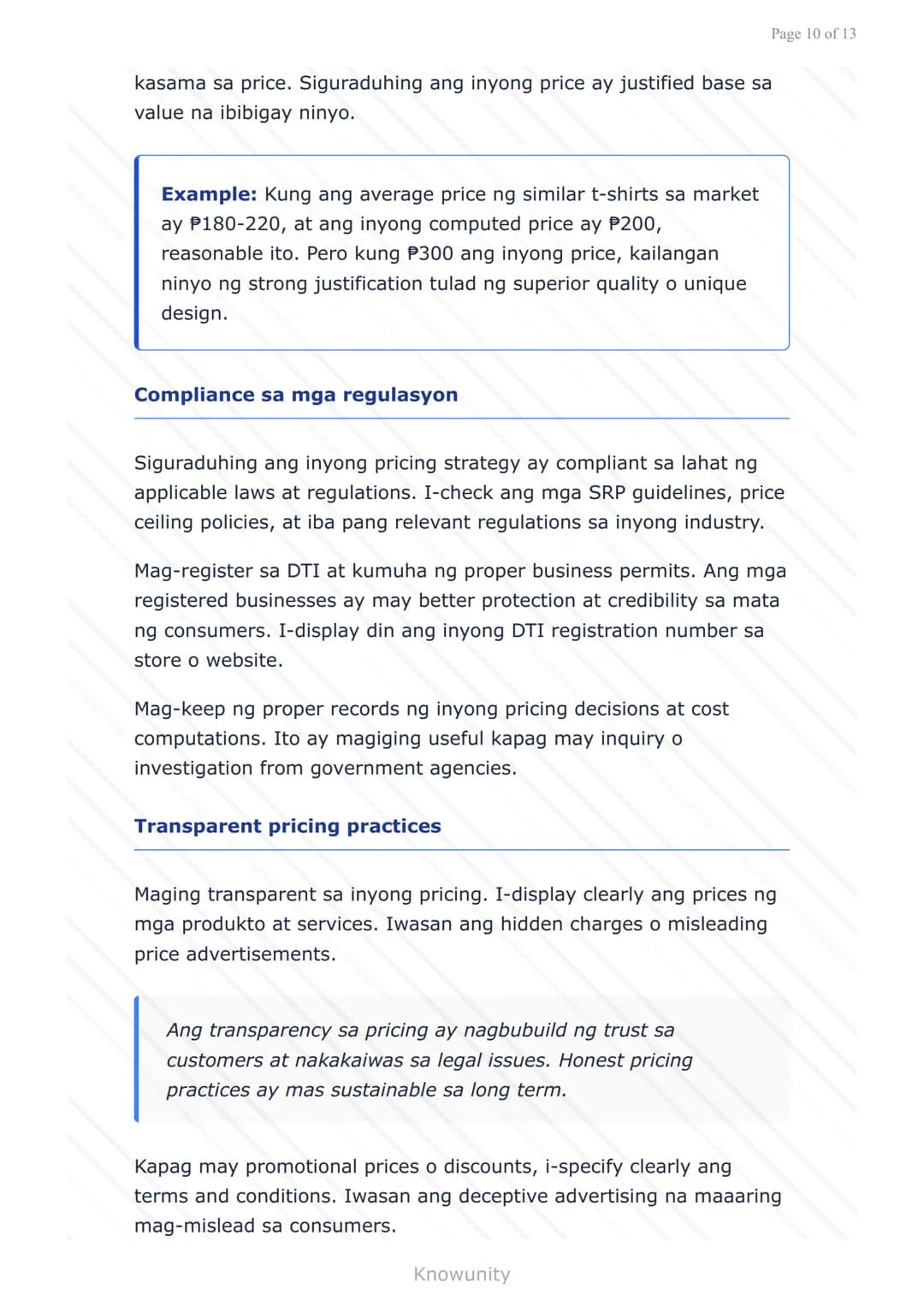 # Pagpepresyo ng Produkto at Serbisyo: Batas at Regulasyon sa Pilipinas

Pag-aaral ng mga batas at regulasyon sa pagpepresyo sa Pilipinas

#