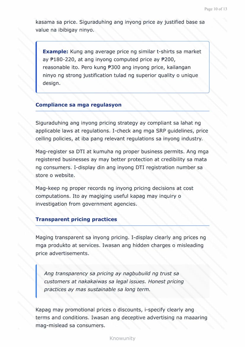 # Pagpepresyo ng Produkto at Serbisyo: Batas at Regulasyon sa Pilipinas

Pag-aaral ng mga batas at regulasyon sa pagpepresyo sa Pilipinas

#