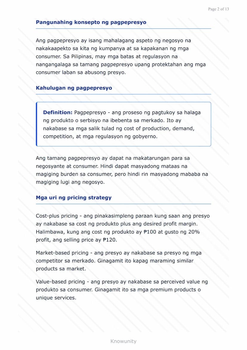 # Pagpepresyo ng Produkto at Serbisyo: Batas at Regulasyon sa Pilipinas

Pag-aaral ng mga batas at regulasyon sa pagpepresyo sa Pilipinas

#