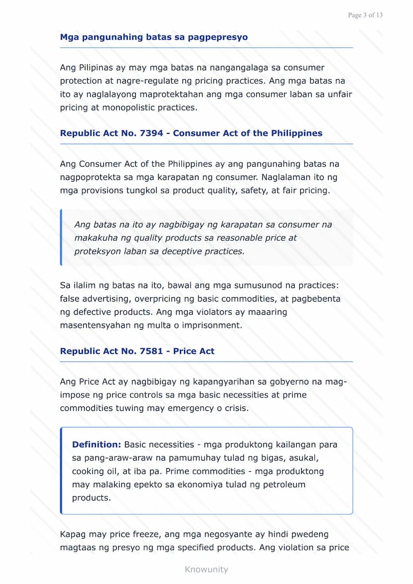 # Pagpepresyo ng Produkto at Serbisyo: Batas at Regulasyon sa Pilipinas

Pag-aaral ng mga batas at regulasyon sa pagpepresyo sa Pilipinas

#