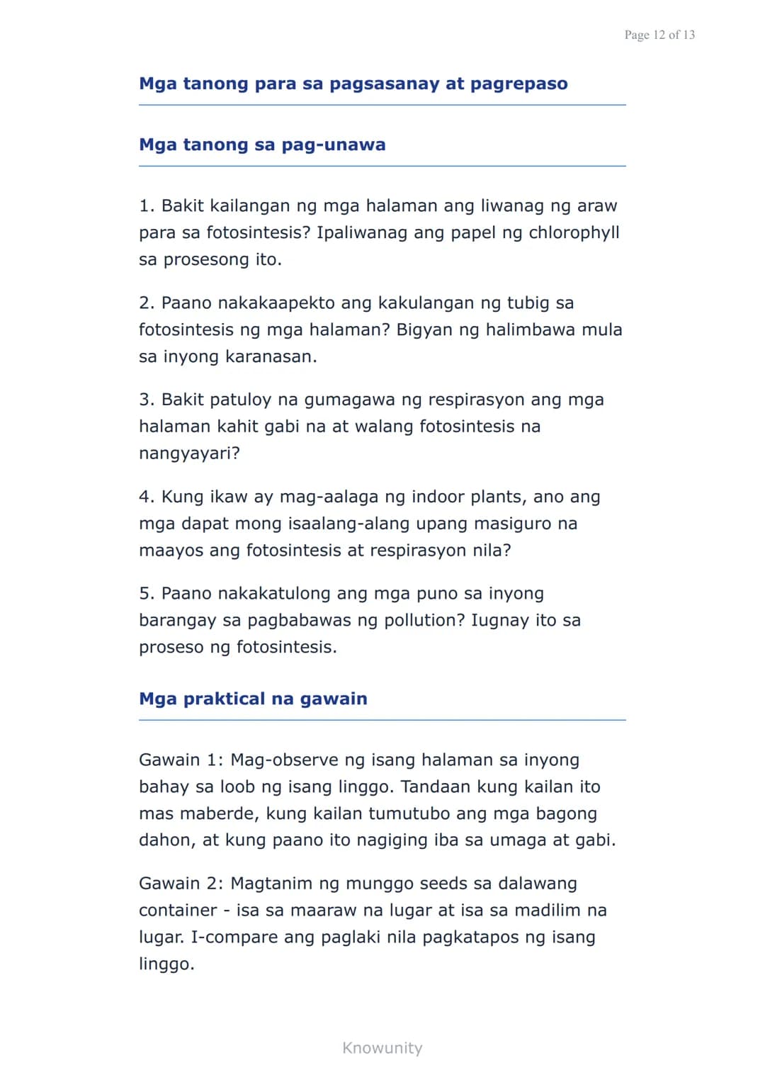 Sustansiya at Enerhiya sa mga Organismo:
Fotosintesis at Respirasyon
Pag-aaral ng proseso ng fotosintesis at
respirasyon sa mga halaman
Mga 