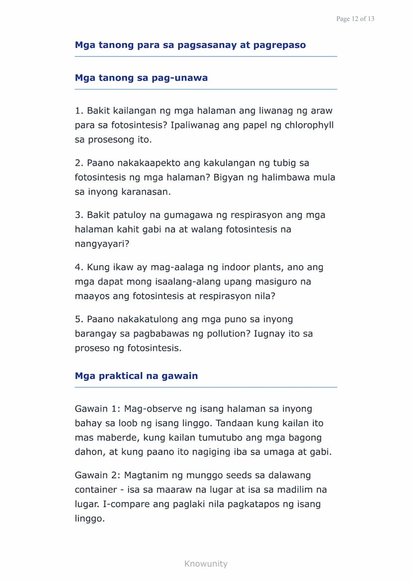 Sustansiya at Enerhiya sa mga Organismo:
Fotosintesis at Respirasyon
Pag-aaral ng proseso ng fotosintesis at
respirasyon sa mga halaman
Mga 
