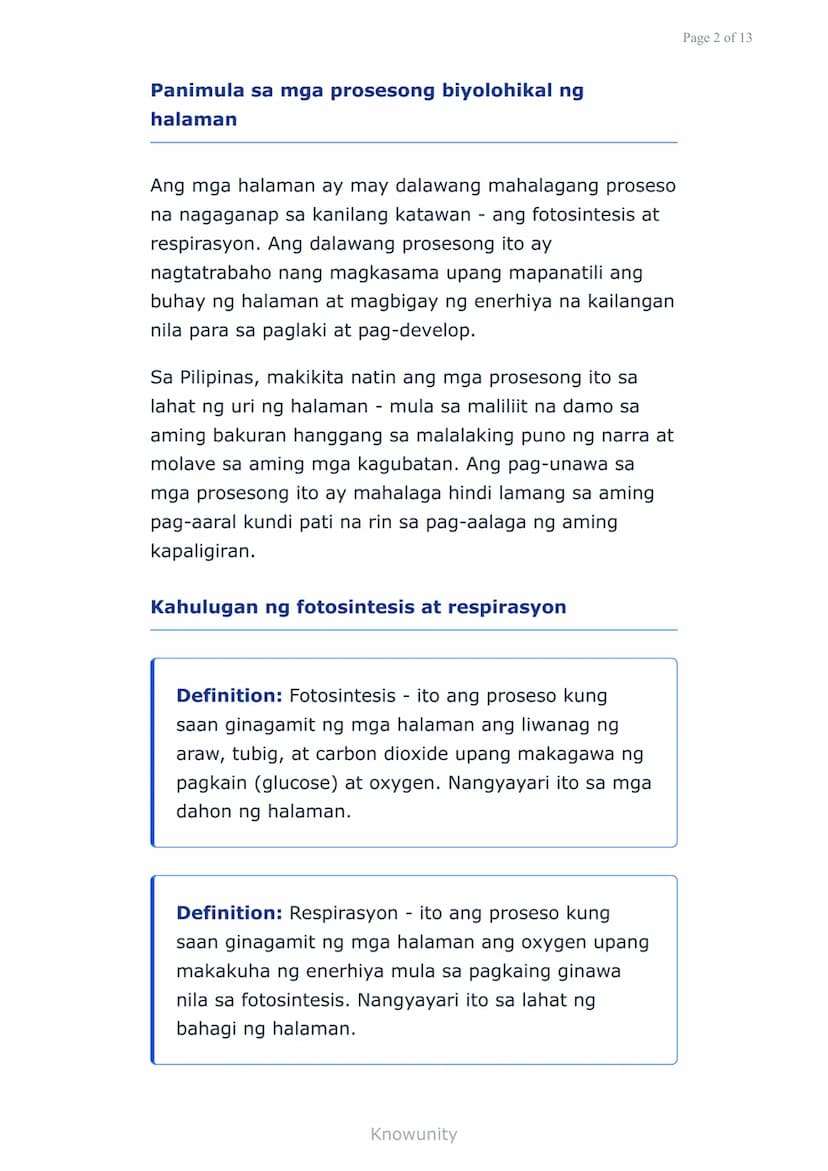 Sustansiya at Enerhiya sa mga Organismo:
Fotosintesis at Respirasyon
Pag-aaral ng proseso ng fotosintesis at
respirasyon sa mga halaman
Mga 